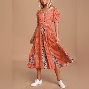 Lulus Drop A Mix Coral Multi Floral Print Puff Sleeve Midi Dress - Size XS